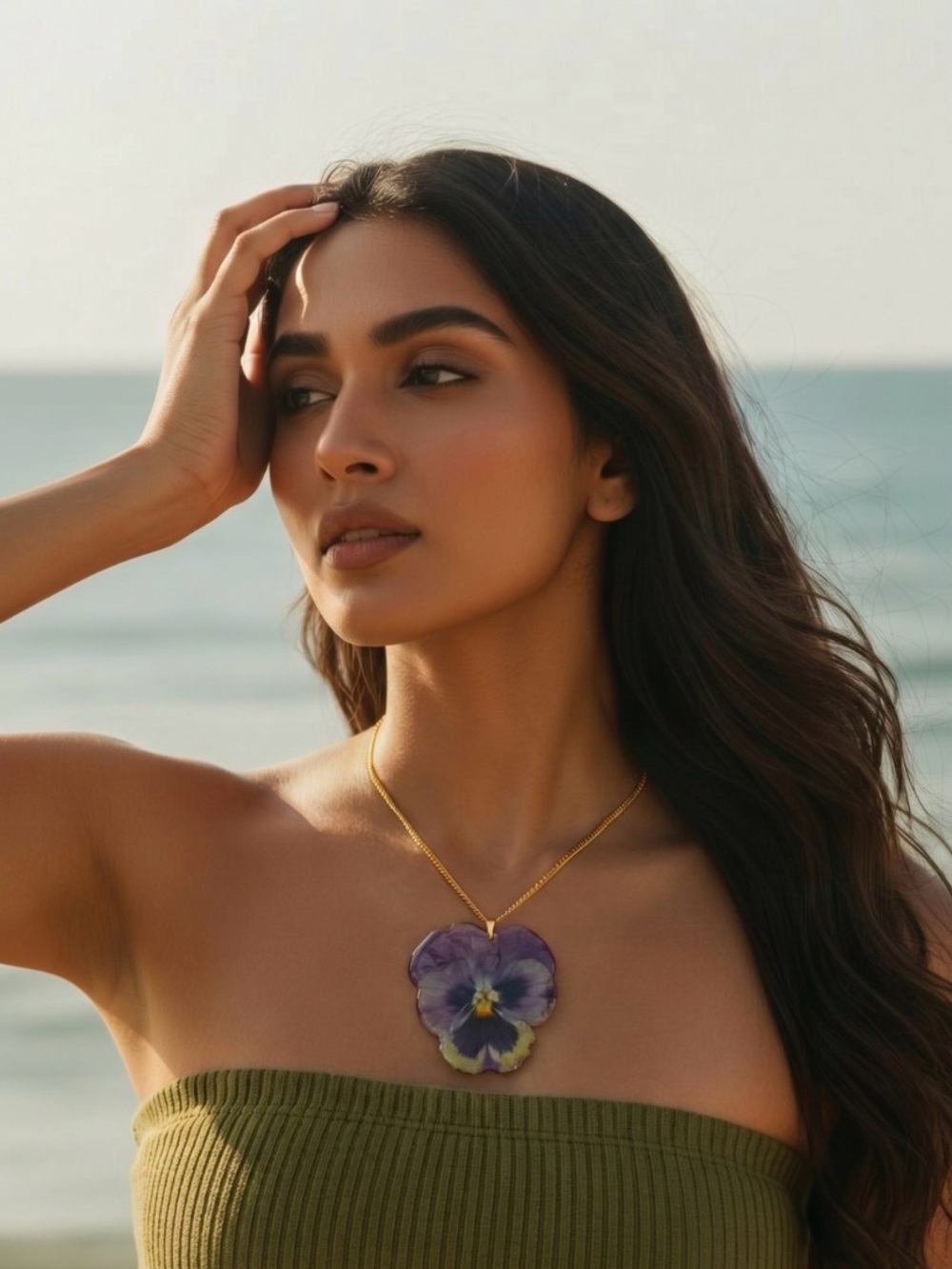 Gold Chain Necklace with Purple Pansy Pendant - Women Jewelry